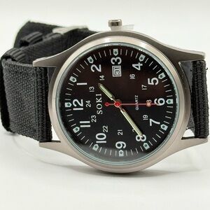 New Soki Canvas Black Belt, Military Watch, Date Display, Men's (New Battery)